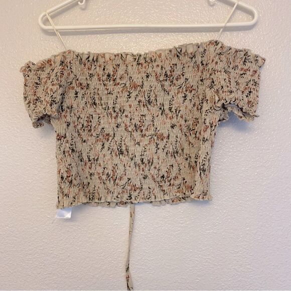 IJOAH Beige tan floral smocked off shoulder crop top tube top Lace up festival L - Picture 2 of 7